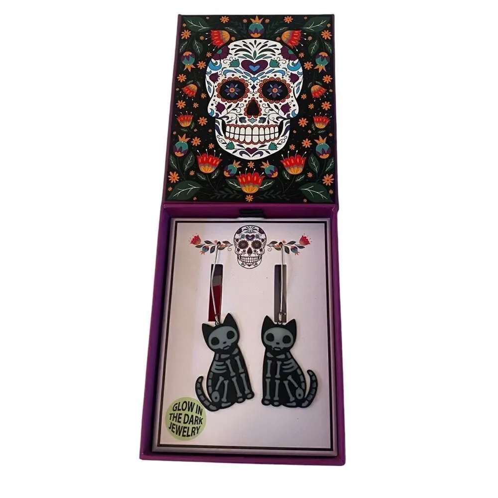Bella•Jack Glow In The Dark Cat Skeleton Earrings.